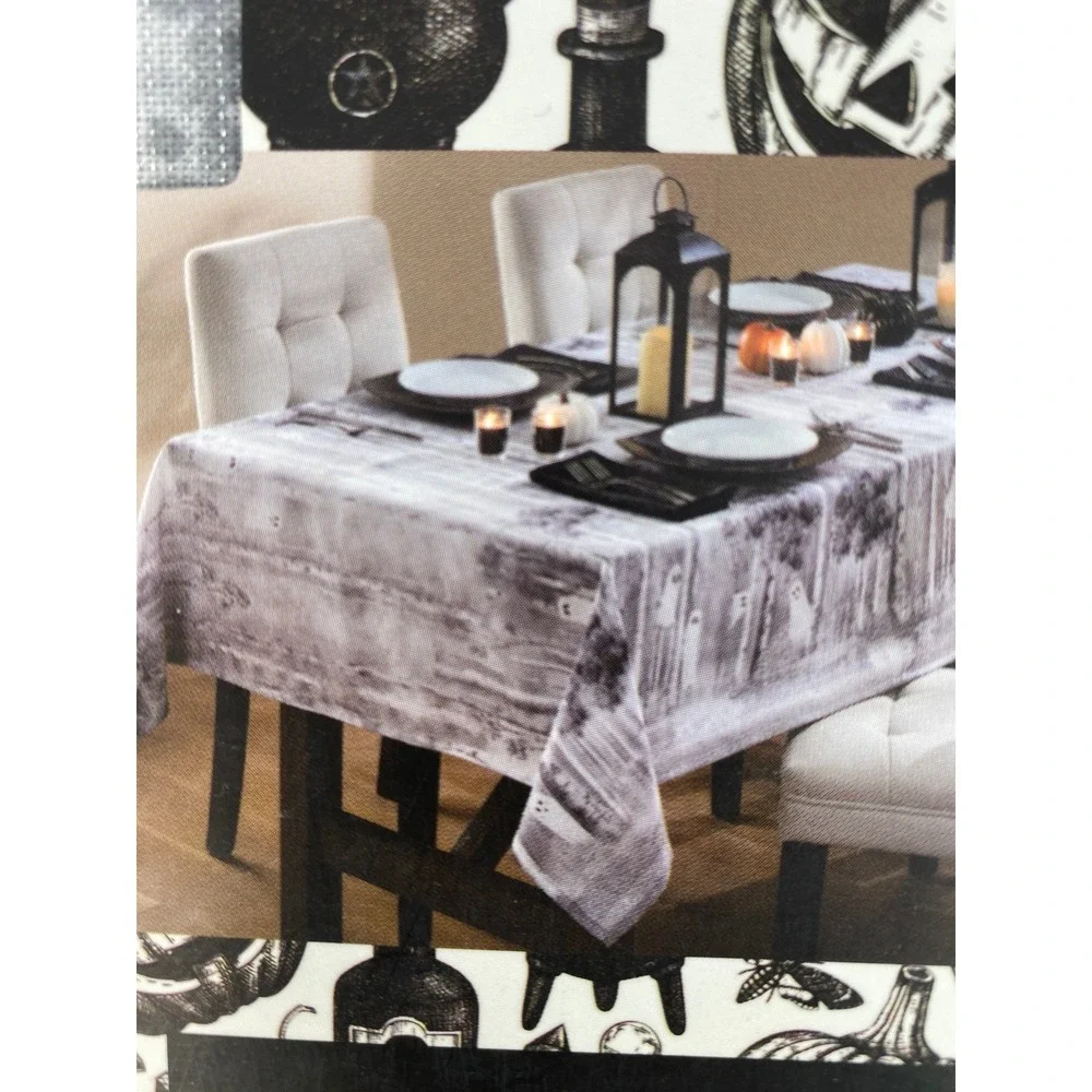 Tahari Home Tablecloth 60x144 Gray Ghost Birch Forest Metallic Oblong Halloween
